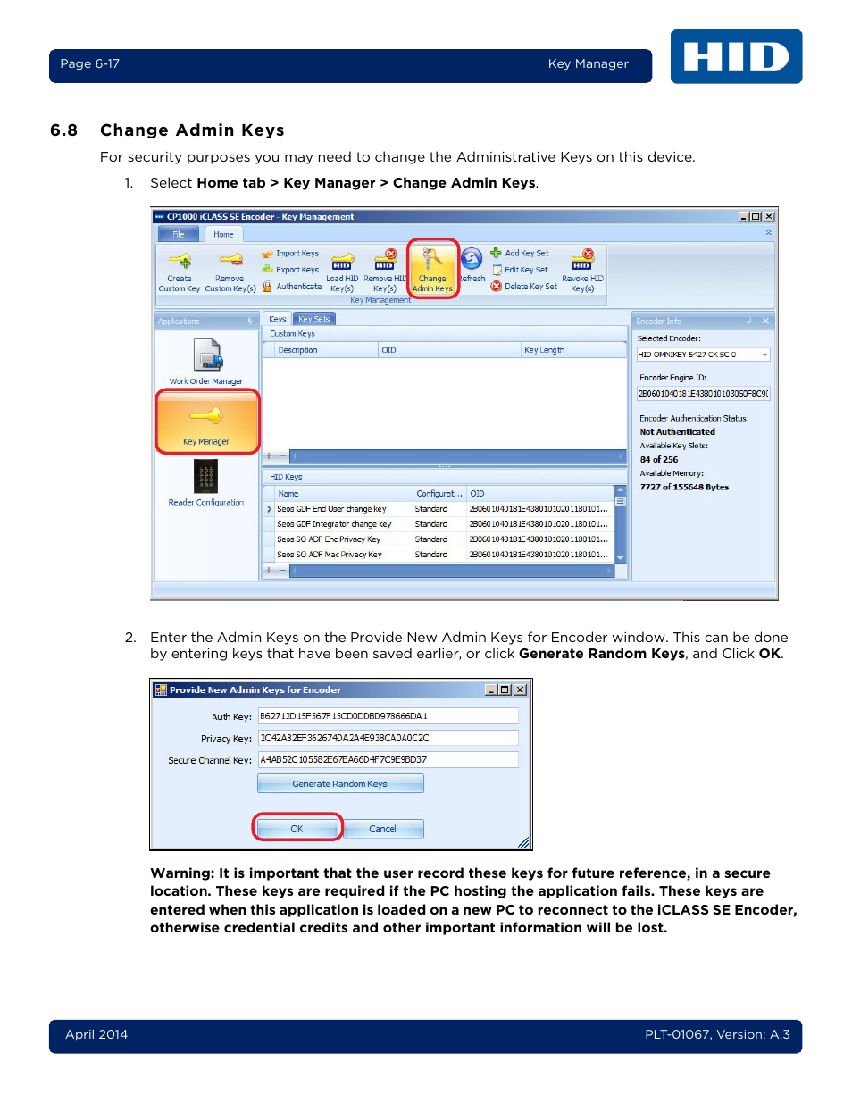 8 change admin keys, Change admin keys -17 | HID iCLASS SE Encoder User Guide User Manual | Page 135 / 186