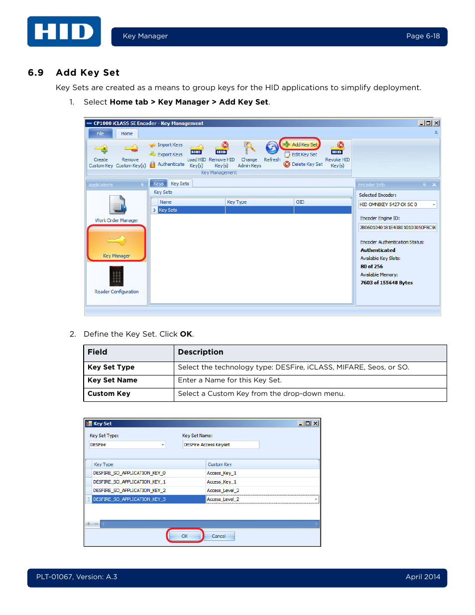 9 add key set, Add key set -18 | HID iCLASS SE Encoder User Guide User Manual | Page 136 / 186