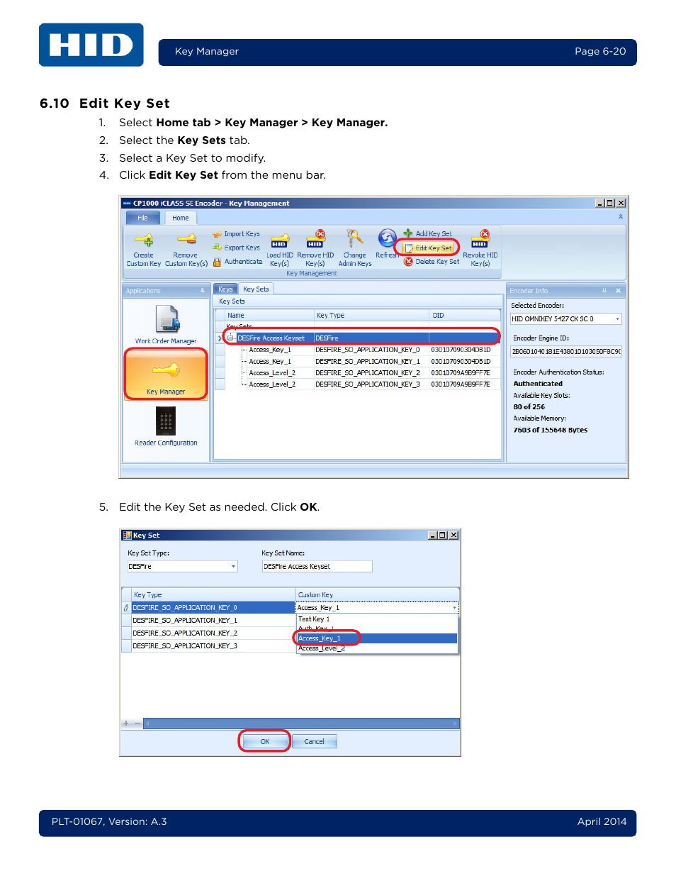 10 edit key set, Edit key set -20 | HID iCLASS SE Encoder User Guide User Manual | Page 138 / 186