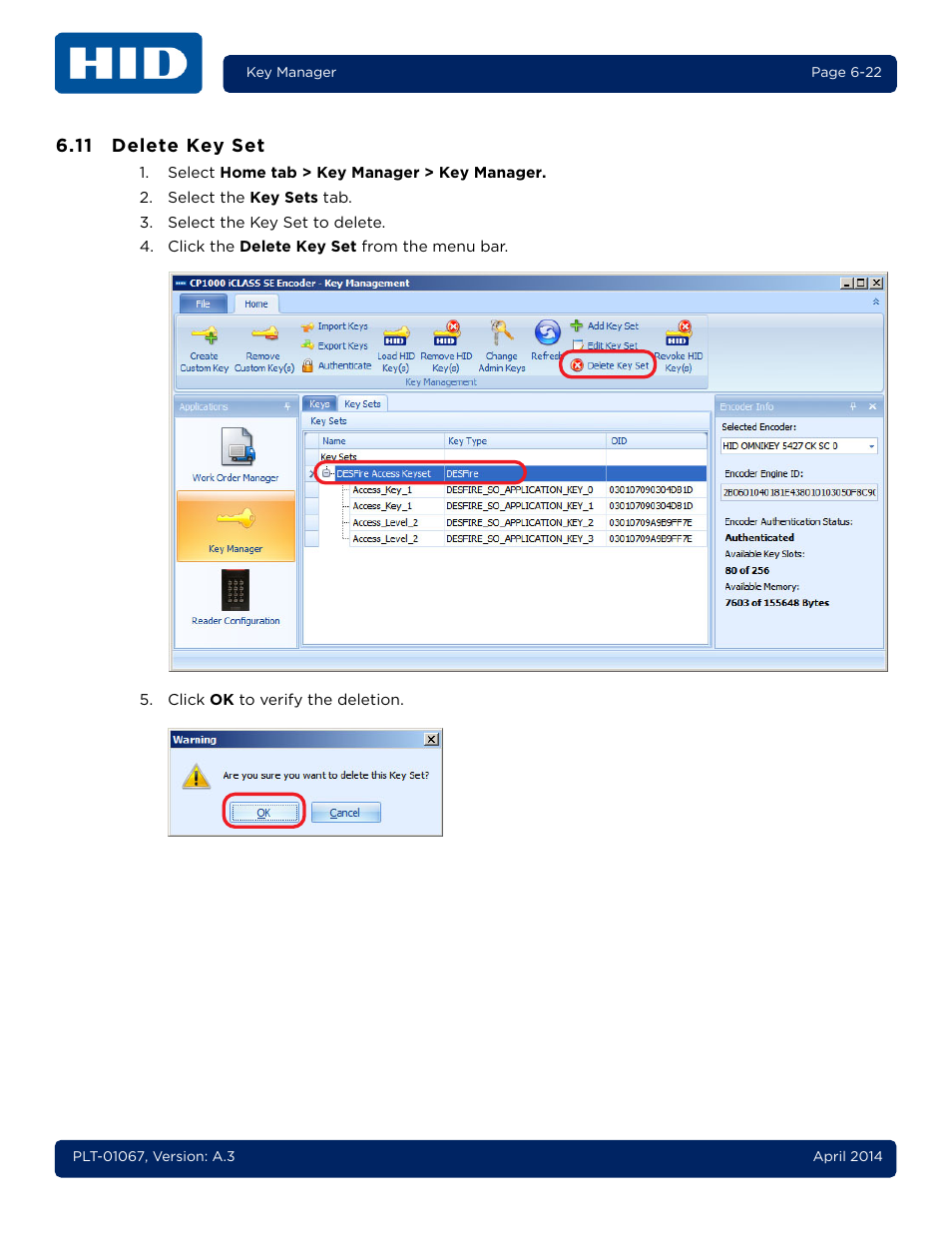 11 delete key set, Delete key set -22 | HID iCLASS SE Encoder User Guide User Manual | Page 140 / 186