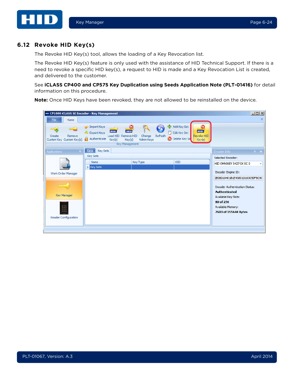 12 revoke hid key(s), Revoke hid key(s) -24 | HID iCLASS SE Encoder User Guide User Manual | Page 142 / 186