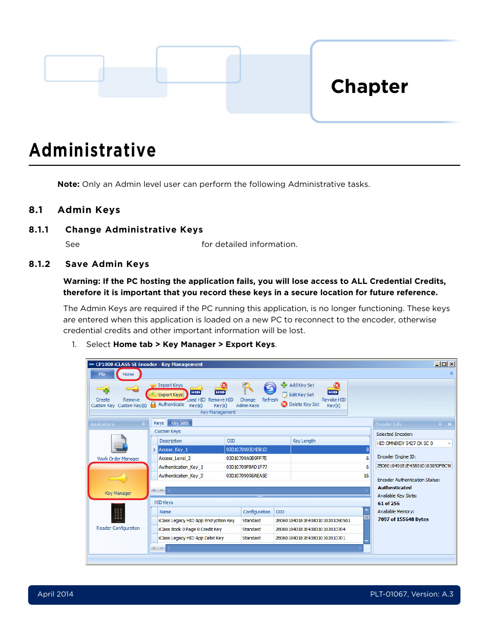 8 - administrative, 1 admin keys, 1 change administrative keys | 2 save admin keys, Chapter 8: administrative -1, Admin keys -1 8.1.1, Change administrative keys -1, Save admin keys -1, Chapter, Administrative | HID iCLASS SE Encoder User Guide User Manual | Page 161 / 186