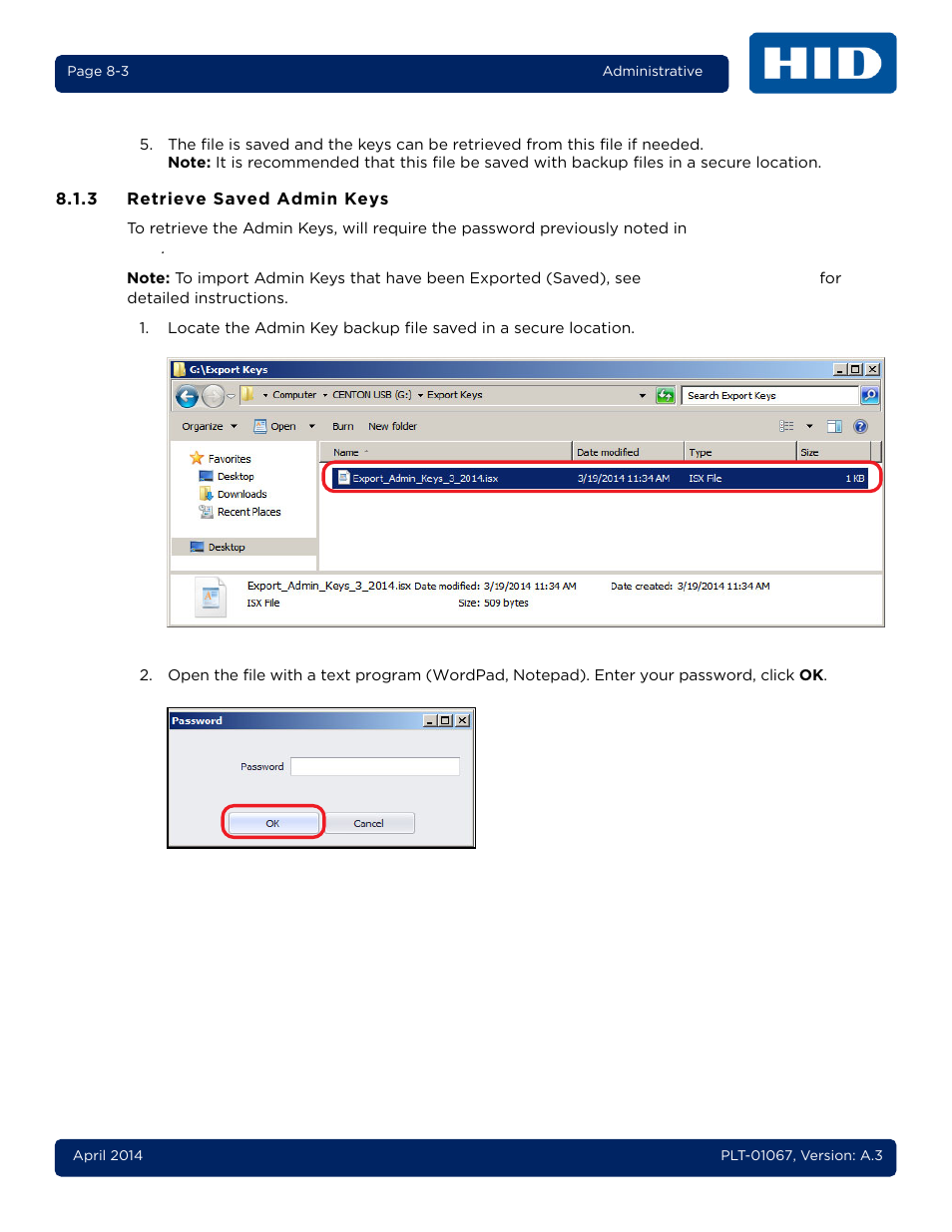 3 retrieve saved admin keys, Retrieve saved admin keys -3 | HID iCLASS SE Encoder User Guide User Manual | Page 163 / 186