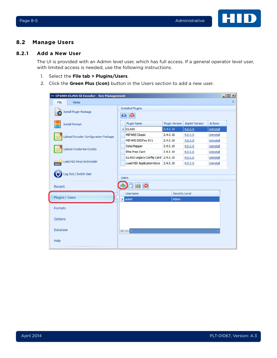2 manage users, 1 add a new user, Manage users -5 8.2.1 | Add a new user -5 | HID iCLASS SE Encoder User Guide User Manual | Page 165 / 186