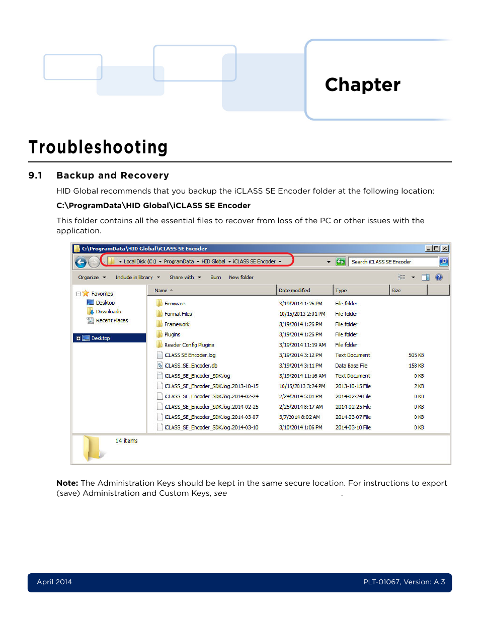 9 - troubleshooting, 1 backup and recovery, Chapter 9: troubleshooting -1 | Backup and recovery -1, Chapter, Troubleshooting | HID iCLASS SE Encoder User Guide User Manual | Page 173 / 186