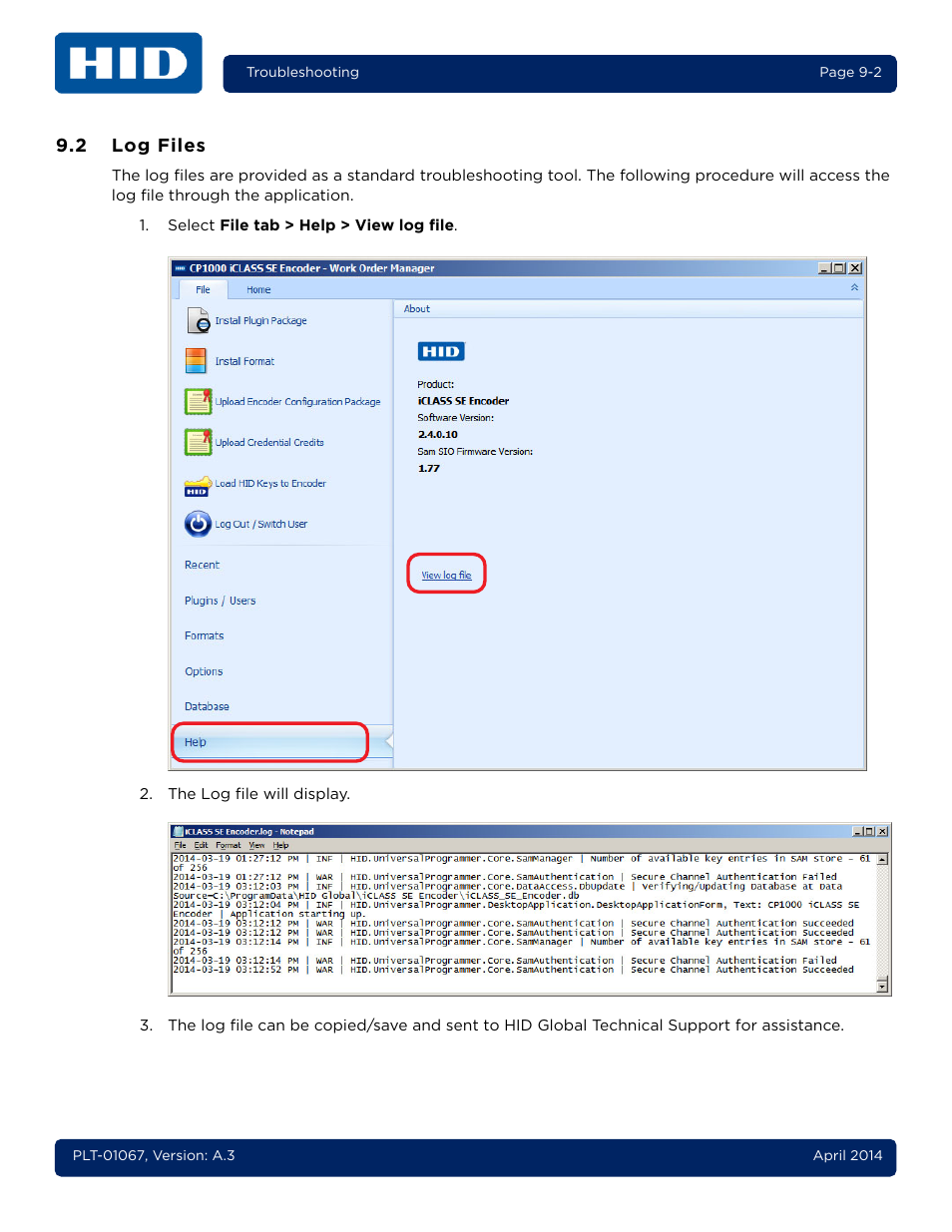 2 log files, Log files -2 | HID iCLASS SE Encoder User Guide User Manual | Page 174 / 186