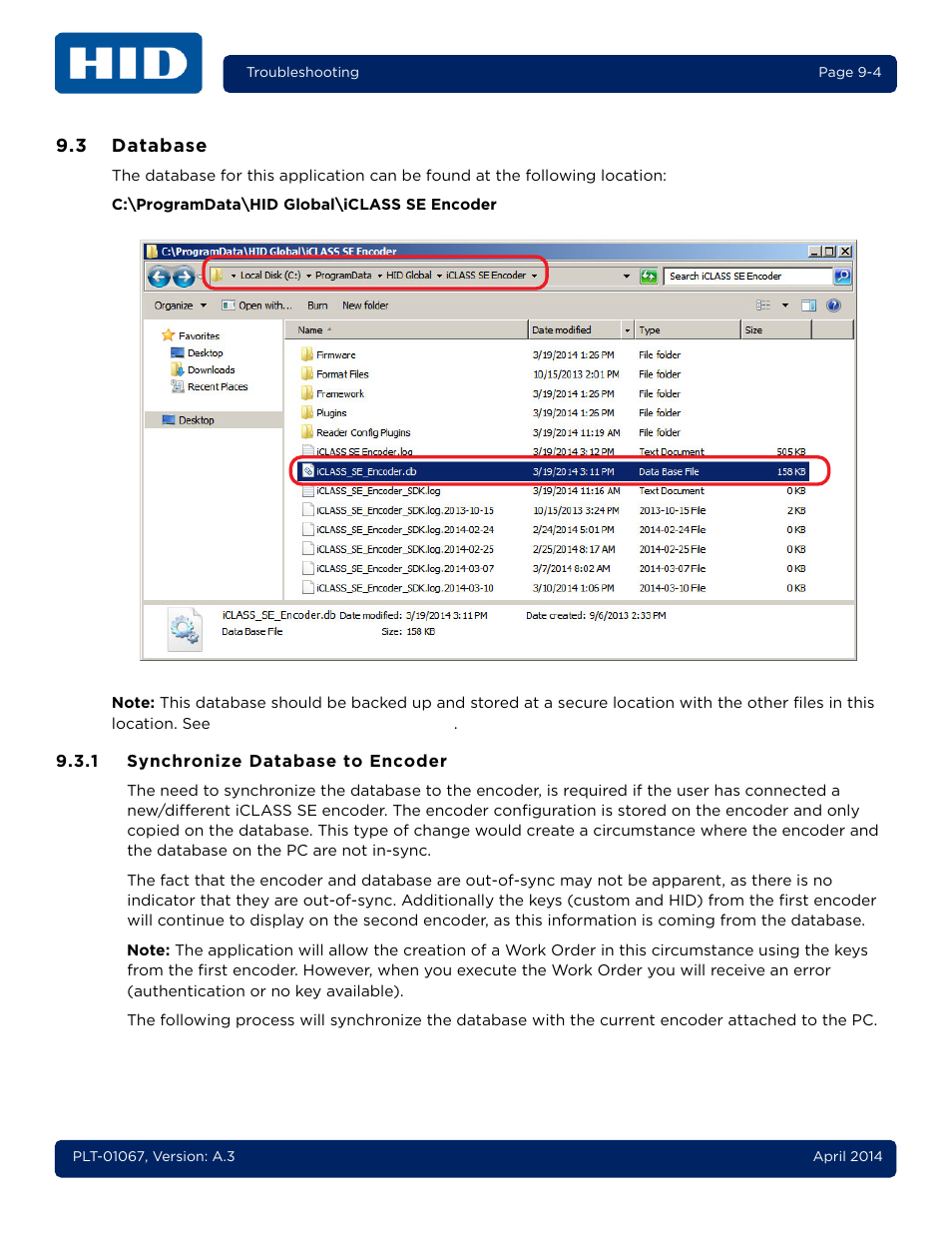 3 database, 1 synchronize database to encoder, Database -4 9.3.1 | Synchronize database to encoder -4 | HID iCLASS SE Encoder User Guide User Manual | Page 176 / 186