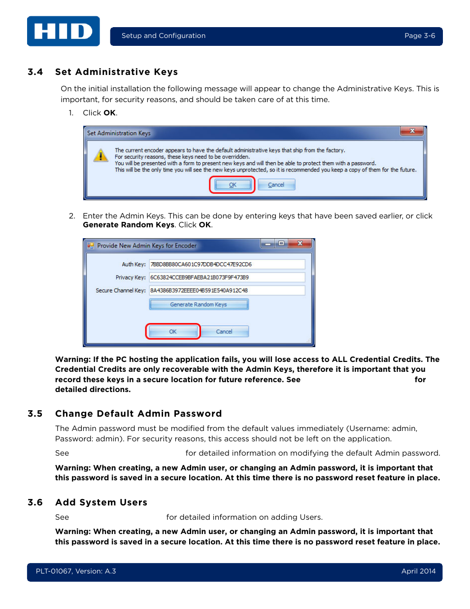 4 set administrative keys, 5 change default admin password, 6 add system users | Set administrative keys -6, Change default admin password -6, Add system users -6 | HID iCLASS SE Encoder User Guide User Manual | Page 32 / 186