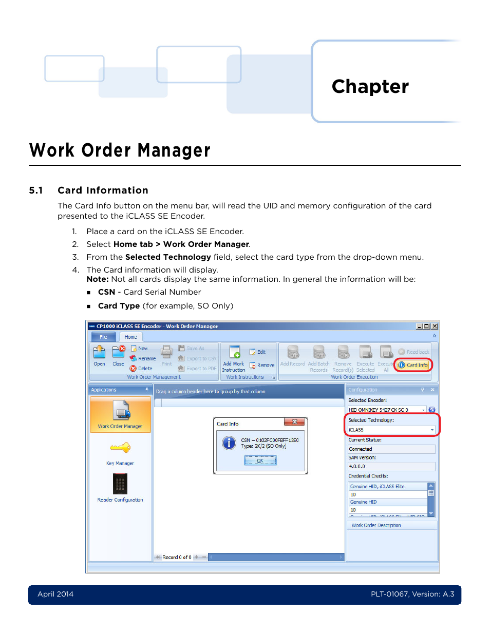 5 - work order manager, 1 card information, Chapter 5: work order manager -1 | Card information -1, Chapter, Work order manager | HID iCLASS SE Encoder User Guide User Manual | Page 49 / 186