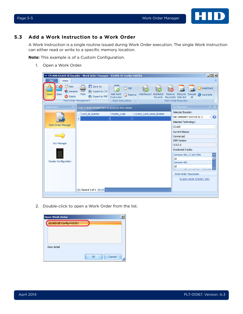 3 add a work instruction to a work order, Add a work instruction to a work order -5 | HID iCLASS SE Encoder User Guide User Manual | Page 53 / 186