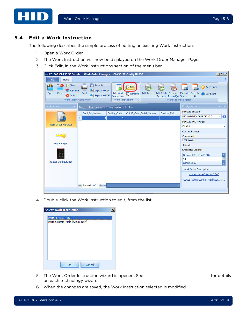 4 edit a work instruction, Edit a work instruction -8 | HID iCLASS SE Encoder User Guide User Manual | Page 56 / 186