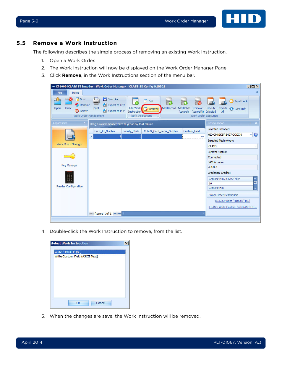 5 remove a work instruction, Remove a work instruction -9 | HID iCLASS SE Encoder User Guide User Manual | Page 57 / 186