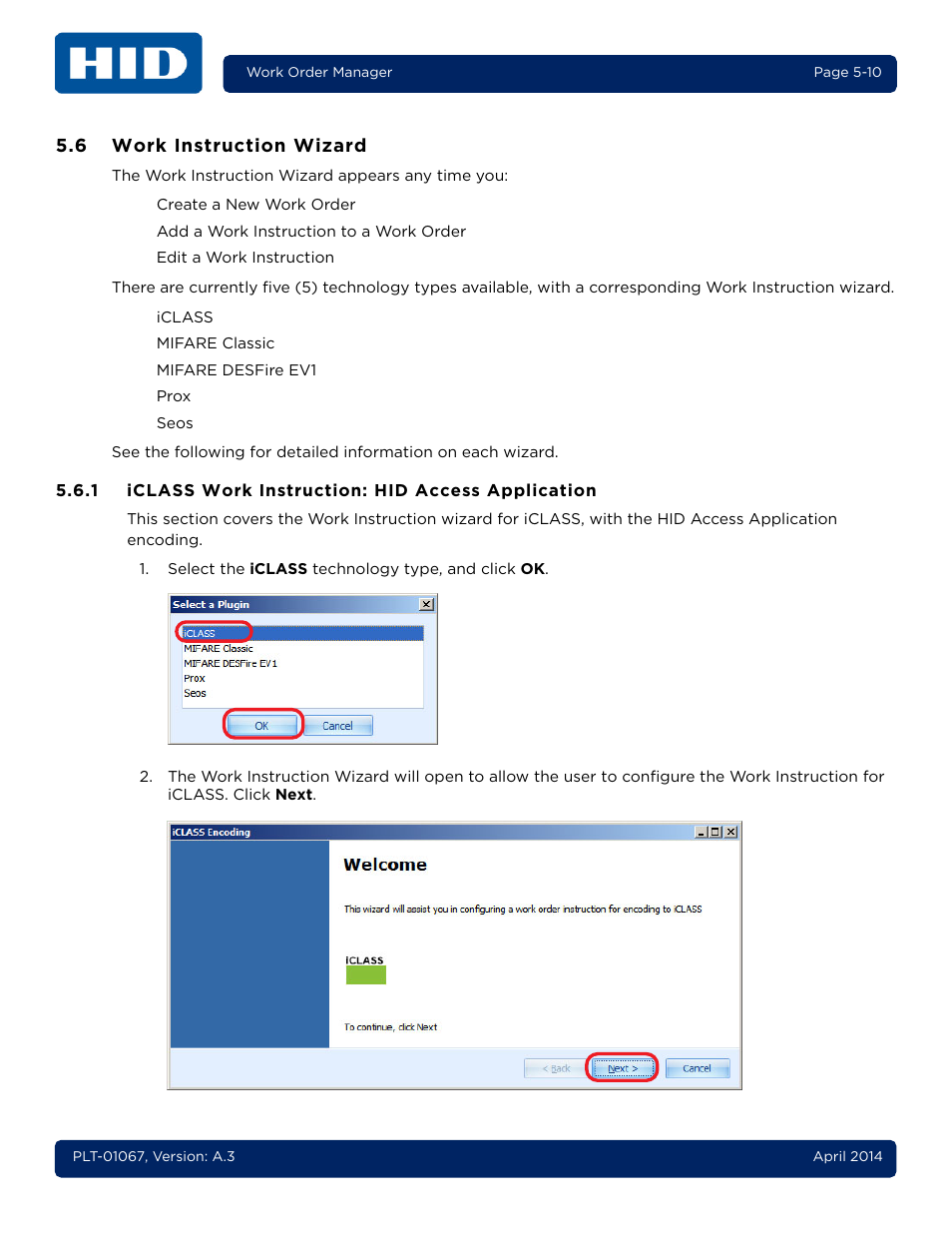 6 work instruction wizard, 1 iclass work instruction: hid access application, Work instruction wizard -10 5.6.1 | HID iCLASS SE Encoder User Guide User Manual | Page 58 / 186