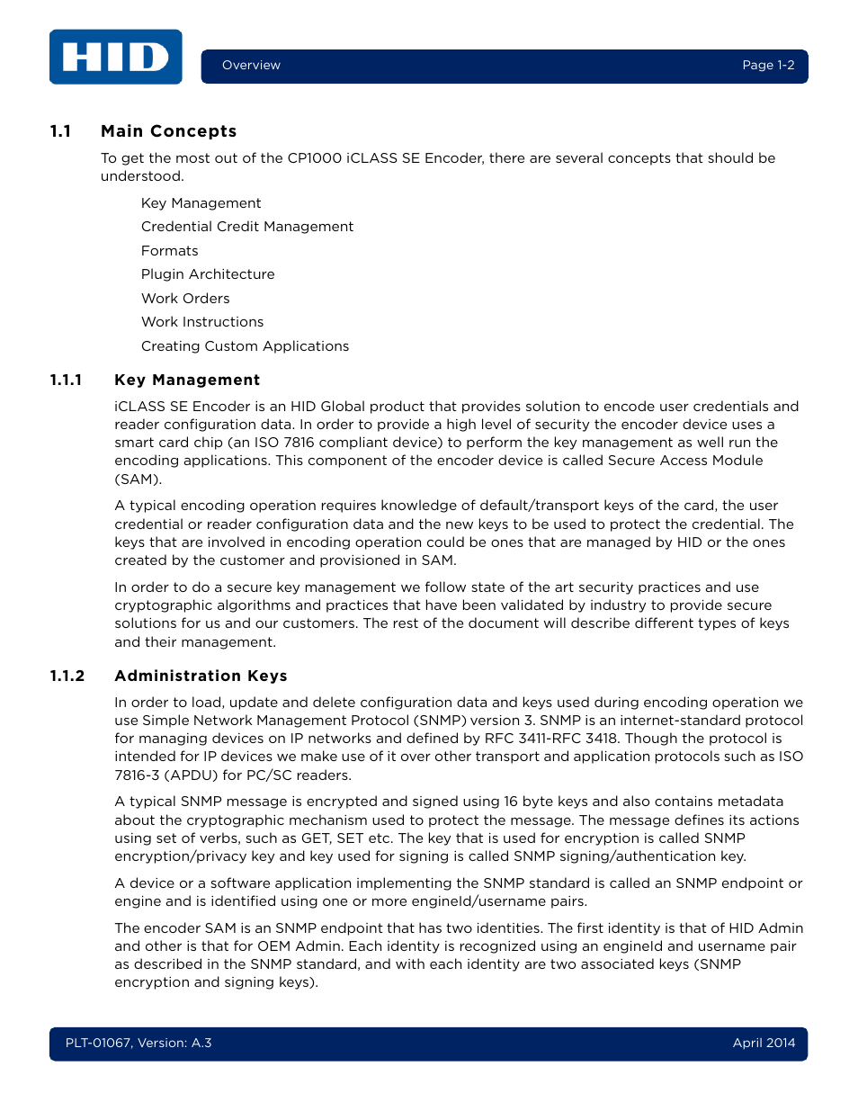 1 main concepts, 1 key management, 2 administration keys | Main concepts -2 1.1.1, Key management -2, Administration keys -2 | HID iCLASS SE Encoder User Guide User Manual | Page 8 / 186