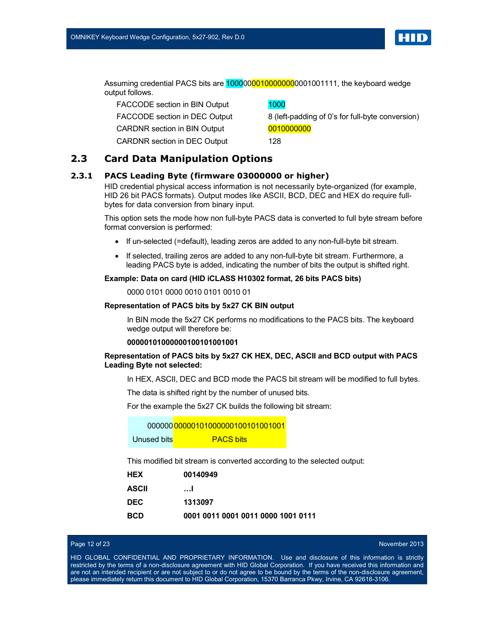 3 card data manipulation options, 1 pacs leading byte (firmware 03000000 or higher), Card data manipulation options | HID OMNIKEY 5427 CK Keyboard Wedge User Guide User Manual | Page 12 / 23