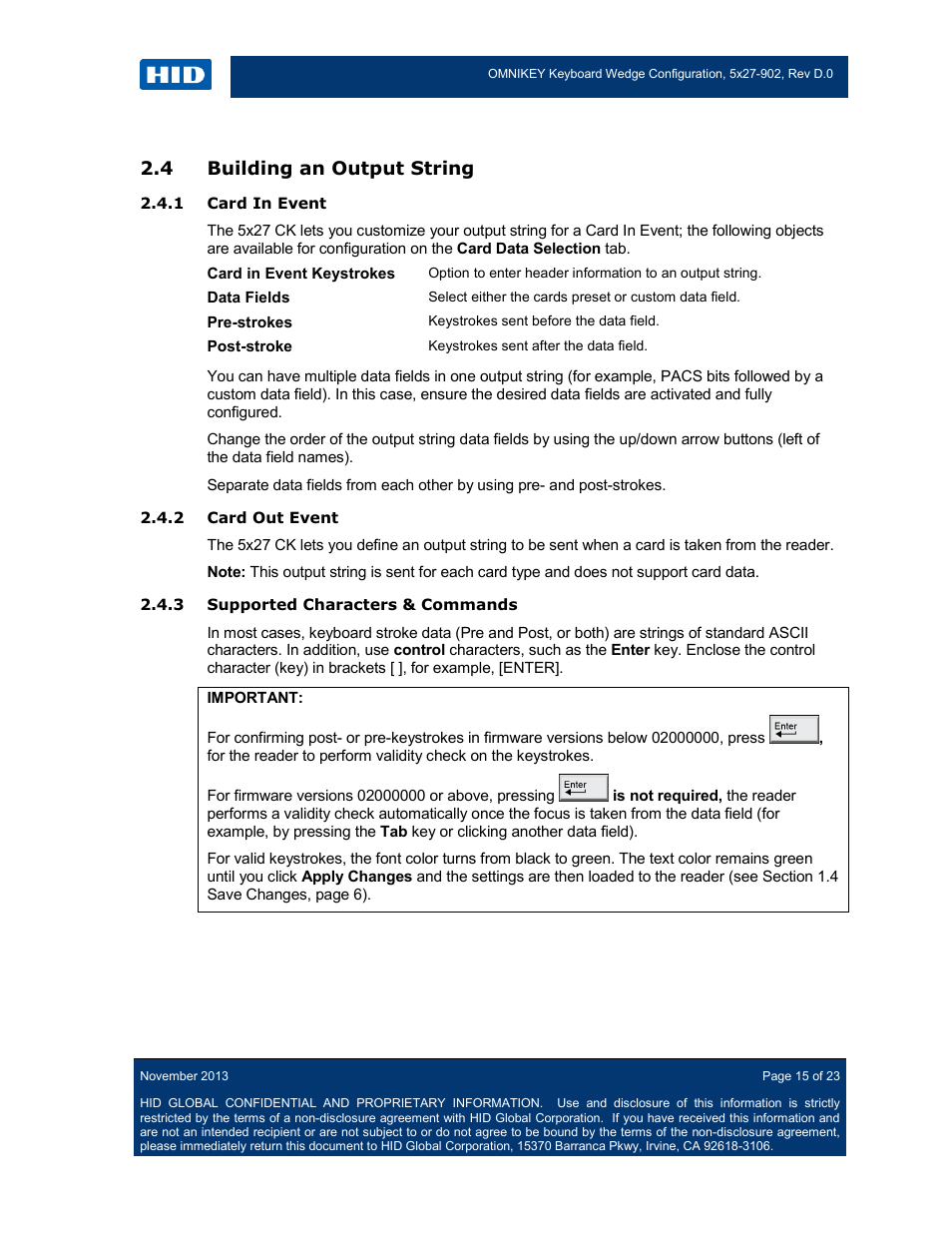 4 building an output string, 1 card in event, 2 card out event | 3 supported characters & commands, Building an output string | HID OMNIKEY 5427 CK Keyboard Wedge User Guide User Manual | Page 15 / 23