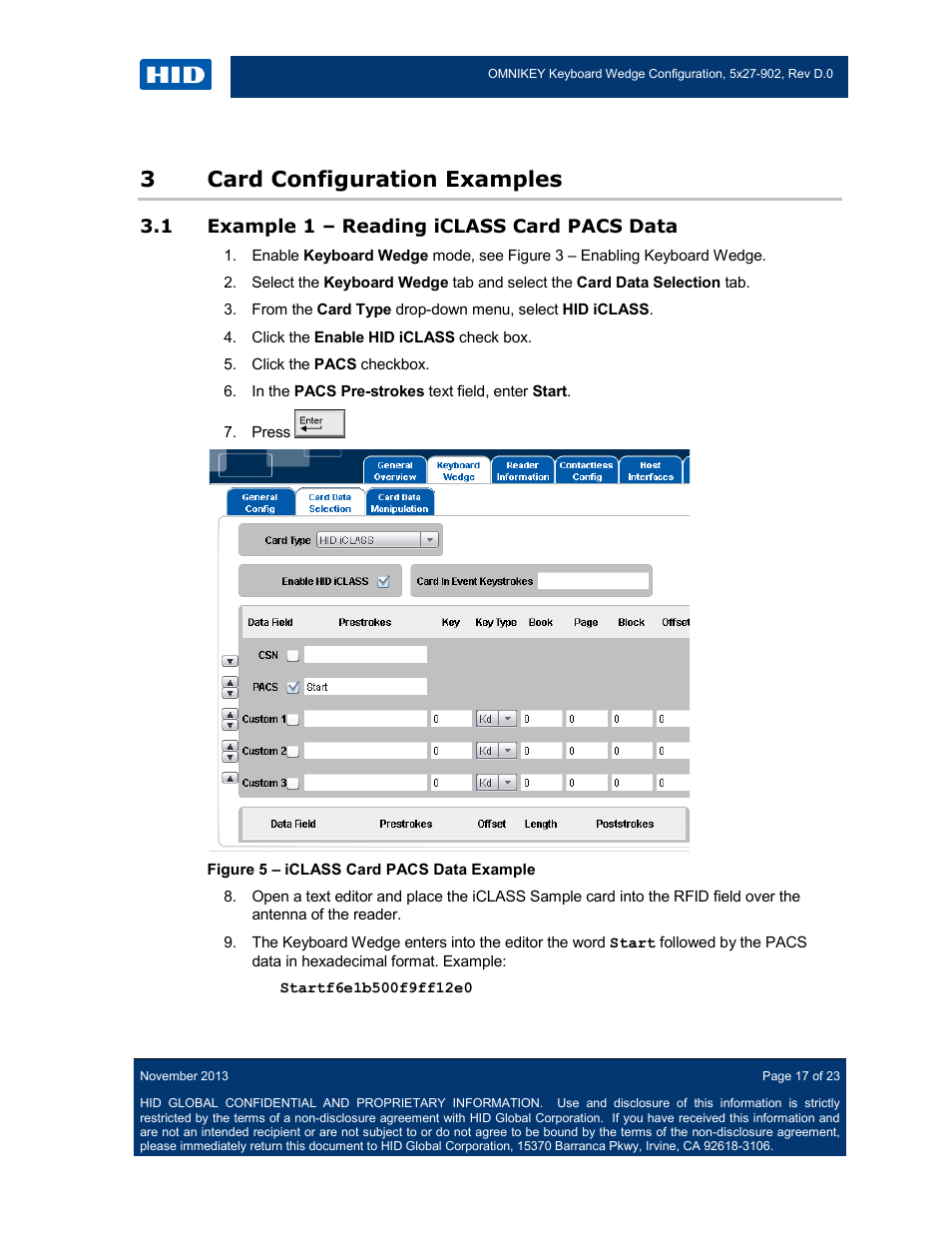 3 card configuration examples, 1 example 1 – reading iclass card pacs data, Card configuration examples | Example 1 – reading iclass card pacs data, Figure 5 – iclass card pacs data example, 3card configuration examples | HID OMNIKEY 5427 CK Keyboard Wedge User Guide User Manual | Page 17 / 23