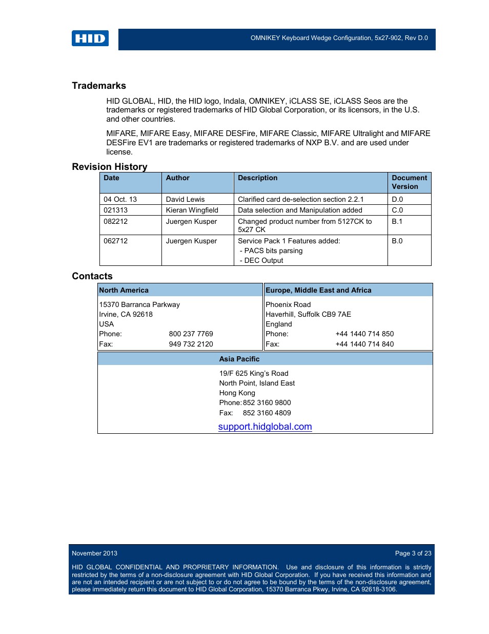 Trademarks, Revision history, Contacts | HID OMNIKEY 5427 CK Keyboard Wedge User Guide User Manual | Page 3 / 23