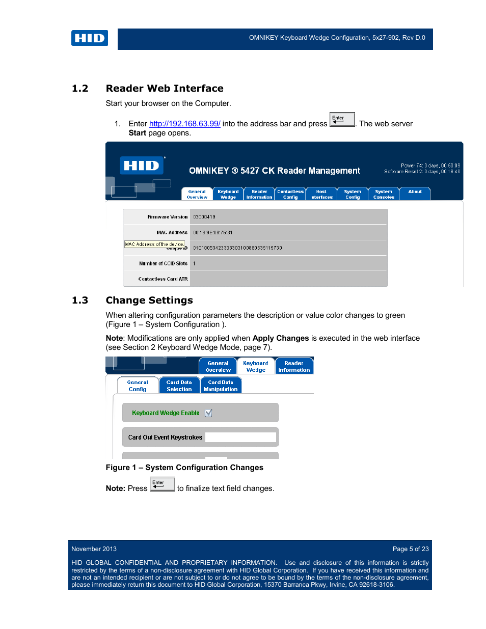 2 reader web interface, 3 change settings, Reader web interface | Change settings, Figure 1 – system configuration changes | HID OMNIKEY 5427 CK Keyboard Wedge User Guide User Manual | Page 5 / 23