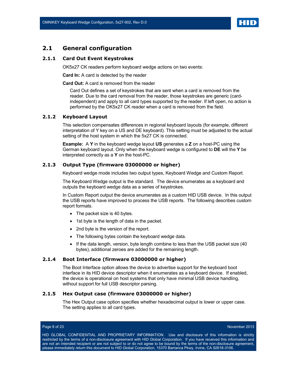 1 general configuration, 1 card out event keystrokes, 2 keyboard layout | 3 output type (firmware 03000000 or higher), 4 boot interface (firmware 03000000 or higher), 5 hex output case (firmware 03000000 or higher), General configuration | HID OMNIKEY 5427 CK Keyboard Wedge User Guide User Manual | Page 8 / 23