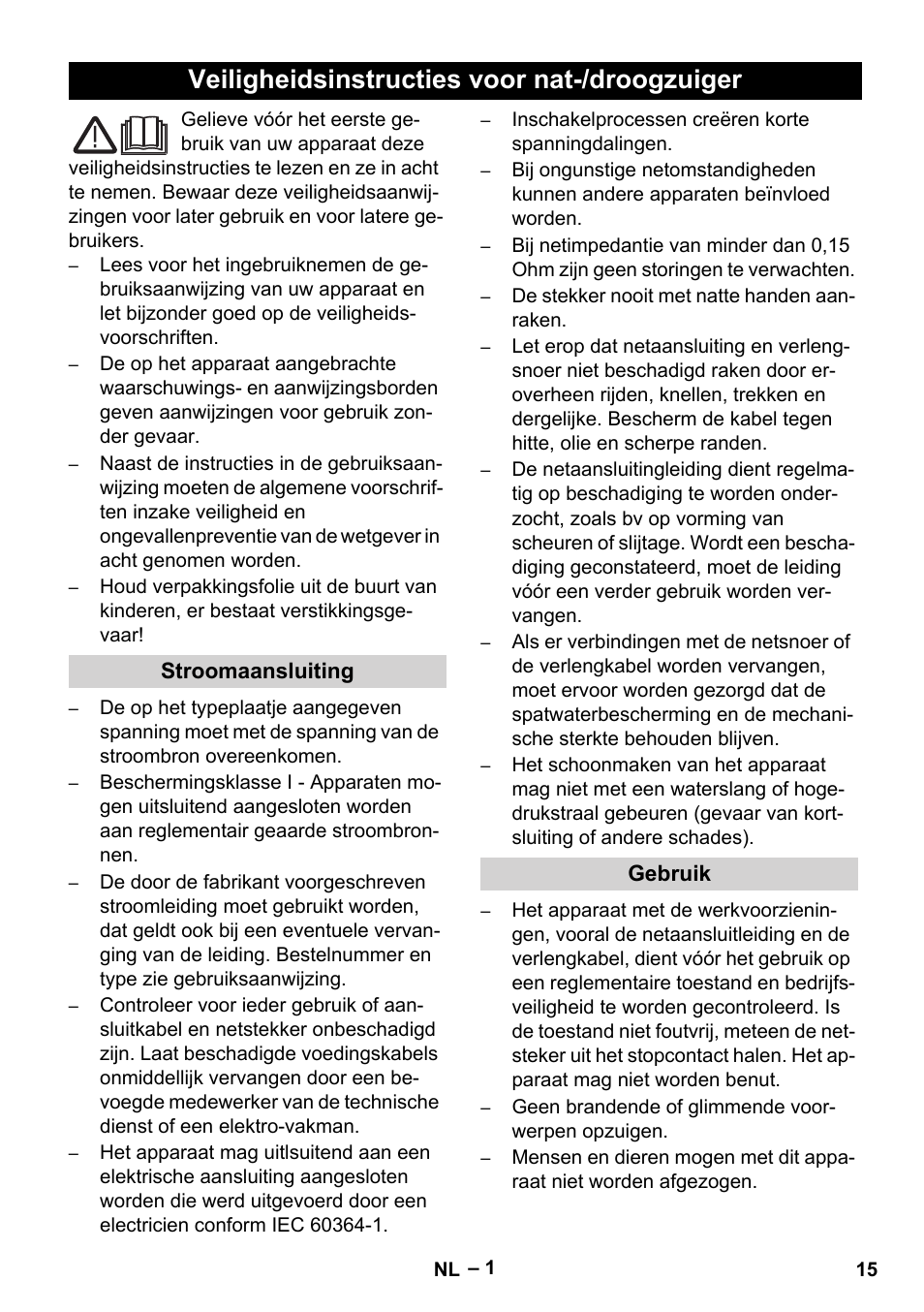 Nederlands, Veiligheidsinstructies voor nat-/droogzuiger | Karcher Wet/dry vacuum cleaner User Manual | Page 15 / 100