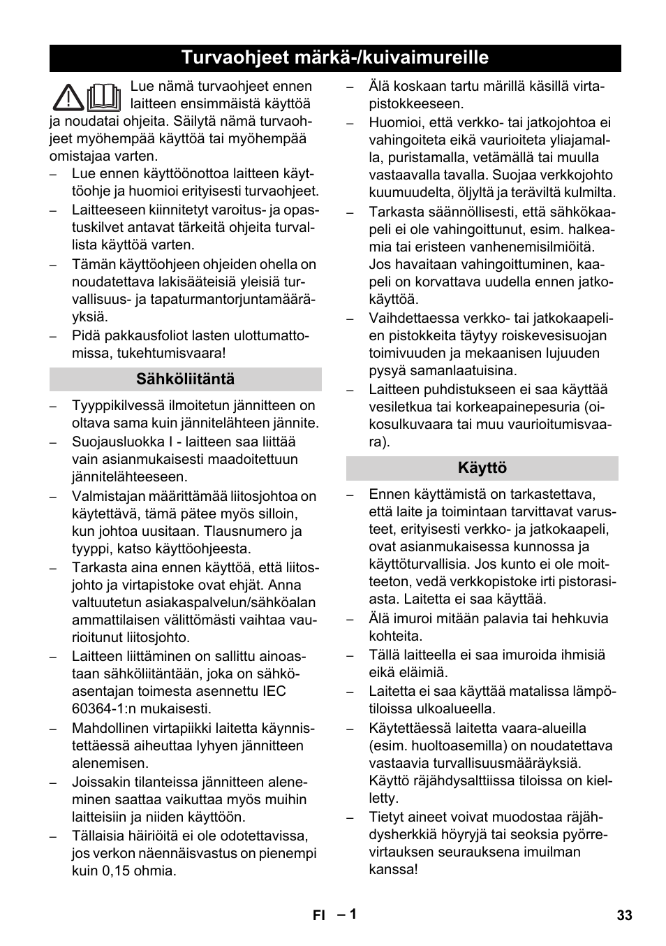 Suomi, Turvaohjeet märkä-/kuivaimureille | Karcher Wet/dry vacuum cleaner User Manual | Page 33 / 100