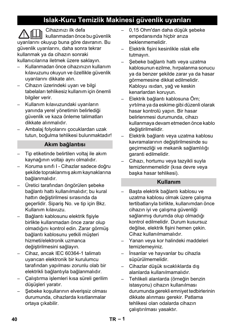 Türkçe, Islak-kuru temizlik makinesi güvenlik uyarıları | Karcher Wet/dry vacuum cleaner User Manual | Page 40 / 100