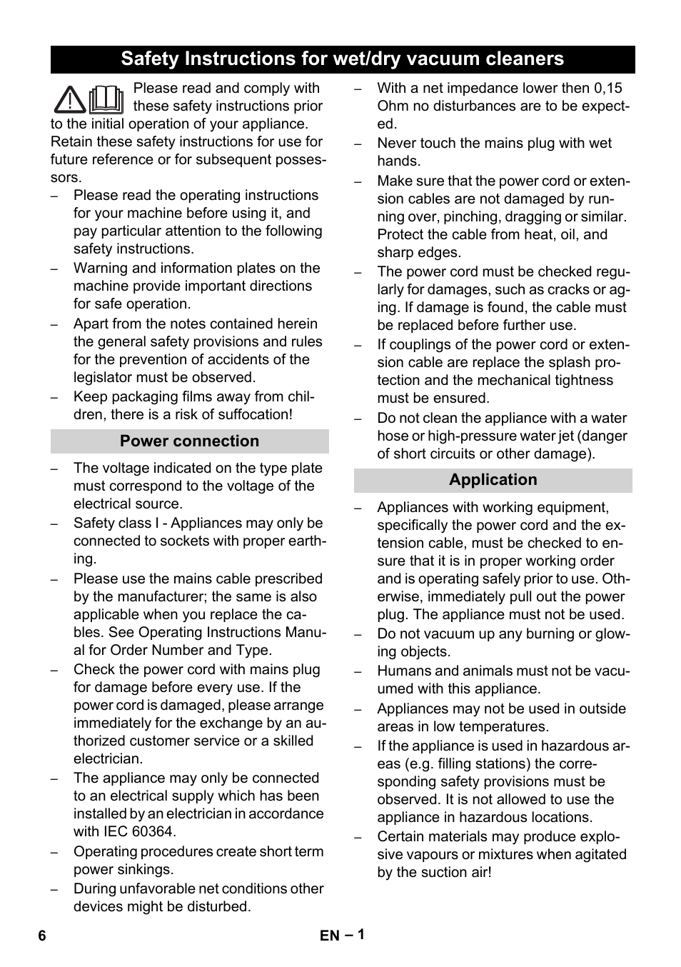 English, Safety instructions for wet/dry vacuum cleaners | Karcher Wet/dry vacuum cleaner User Manual | Page 6 / 100