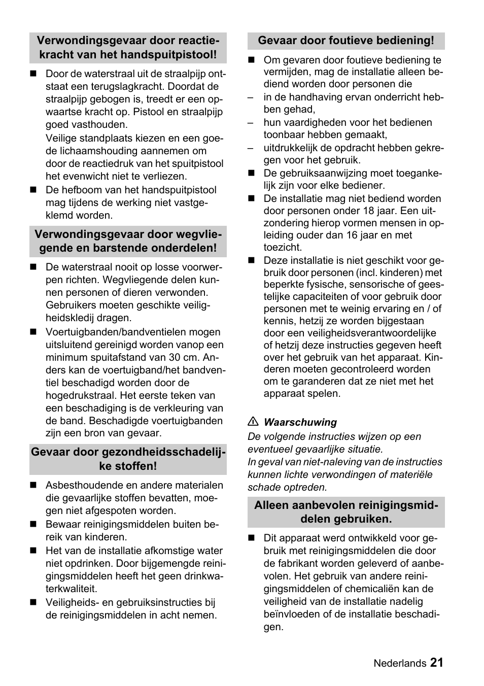 Karcher Sicherheitshinweise für Hochdruck-Reinigungsanlagen User Manual | Page 21 / 92