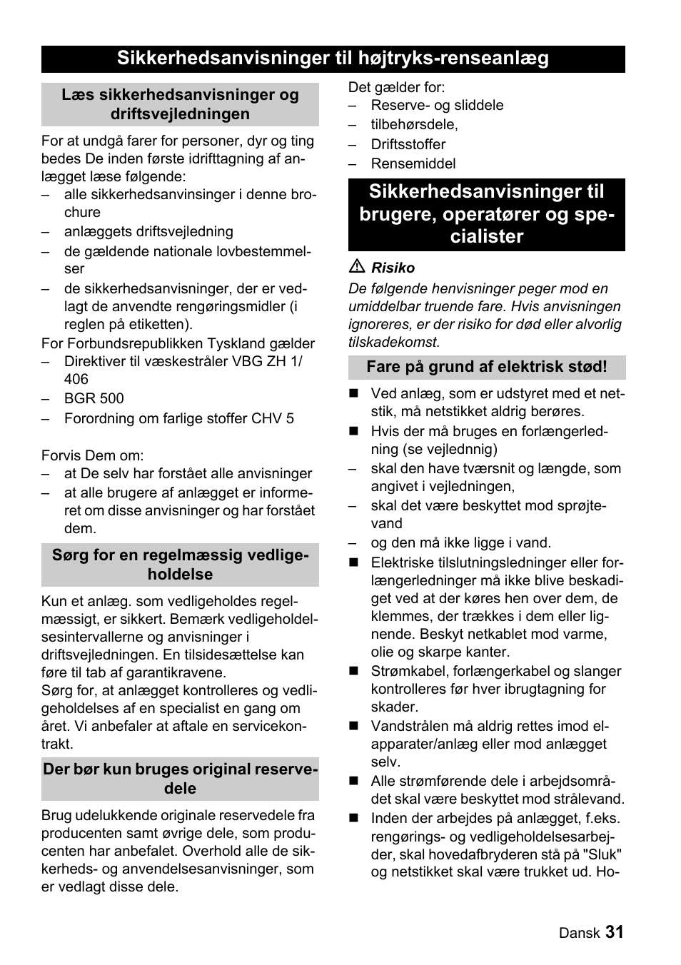 Sikkerhedsanvisninger til højtryks-renseanlæg | Karcher Sicherheitshinweise für Hochdruck-Reinigungsanlagen User Manual | Page 31 / 92