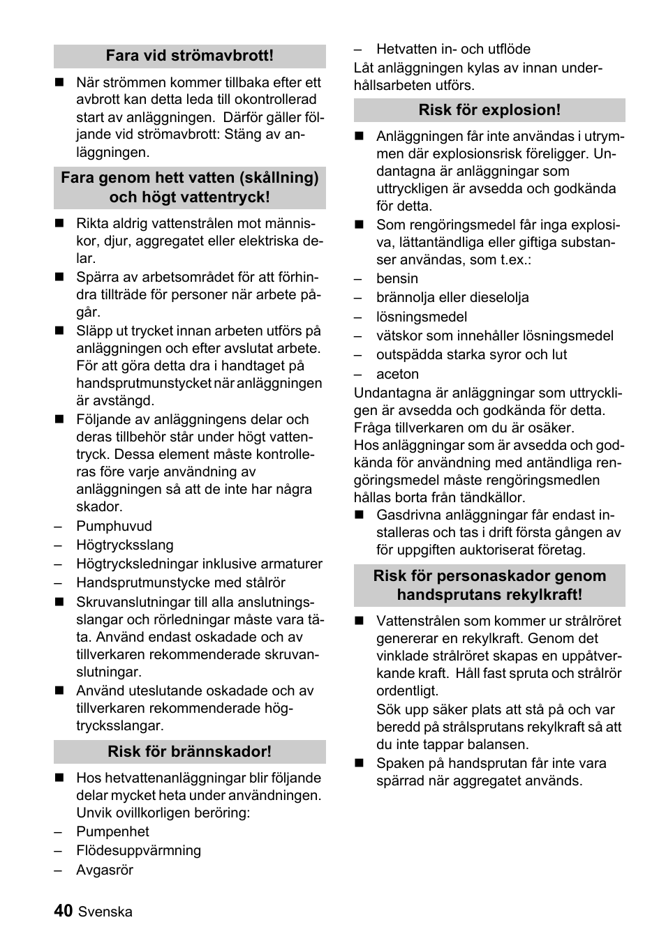 Karcher Sicherheitshinweise für Hochdruck-Reinigungsanlagen User Manual | Page 40 / 92