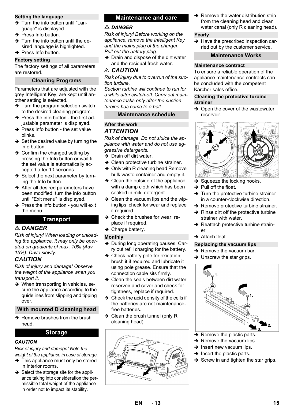Danger, Caution, Attention | Transport, Storage maintenance and care | Karcher B 150 R User Manual | Page 15 / 60