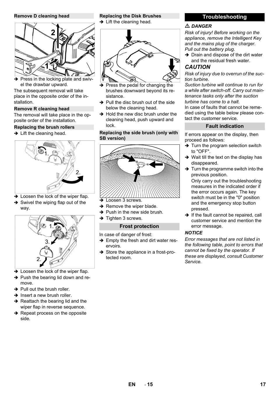Caution, Troubleshooting | Karcher B 150 R User Manual | Page 17 / 60