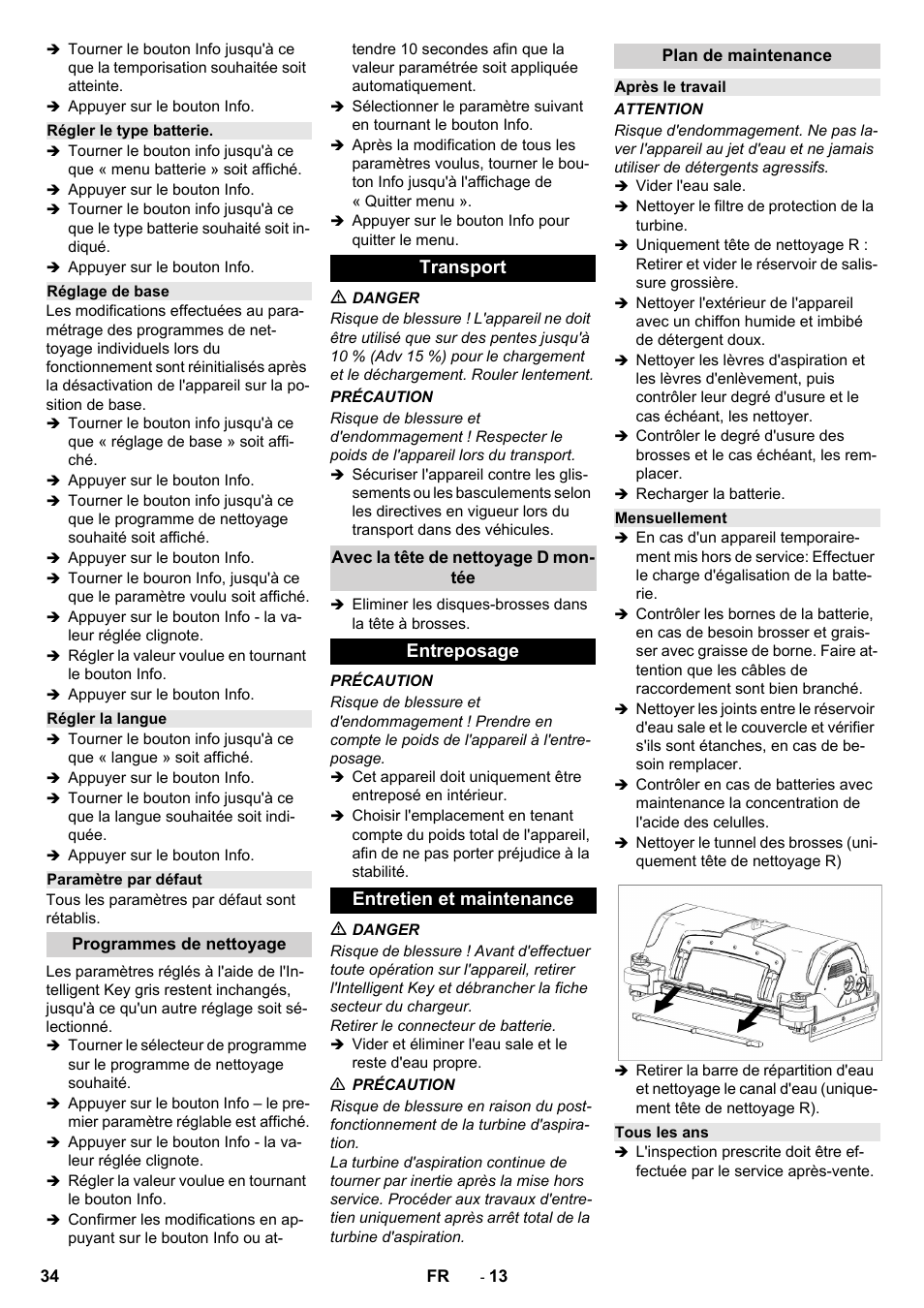 Transport, Entreposage entretien et maintenance | Karcher B 150 R User Manual | Page 34 / 60