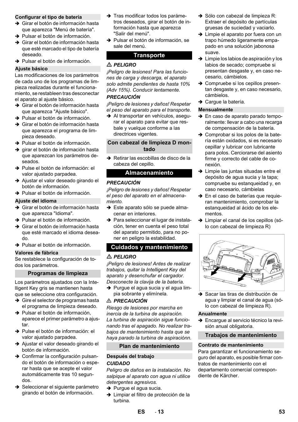 Transporte, Almacenamiento cuidados y mantenimiento | Karcher B 150 R User Manual | Page 53 / 60