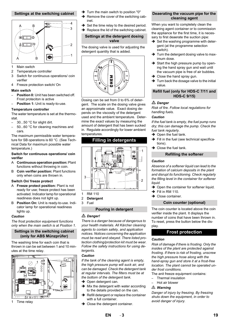 Filling in detergents, Frost protection | Karcher HDS-C 7-11 Steel User Manual | Page 19 / 152
