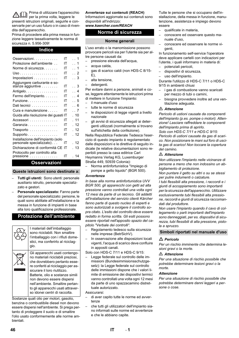 Italiano, Indice, Osservazioni | Protezione dell’ambiente, Norme di sicurezza | Karcher HDS-C 7-11 Steel User Manual | Page 46 / 152