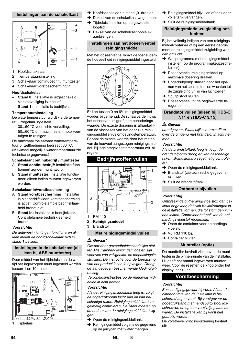 Bedrijfsstoffen vullen, Vorstbescherming | Karcher HDS-C 7-11 Steel User Manual | Page 94 / 152