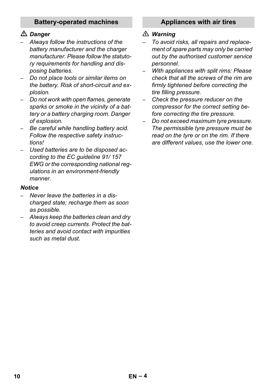 Battery-operated machines, Appliances with air tires | Karcher Brush cleaning devices and spray extraction devices User Manual | Page 10 / 116