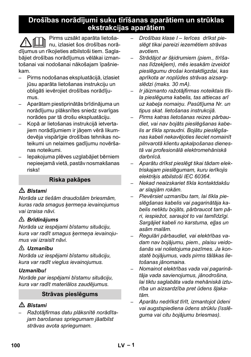 Latviešu, Riska pakāpes, Strāvas pieslēgums | Karcher Brush cleaning devices and spray extraction devices User Manual | Page 100 / 116
