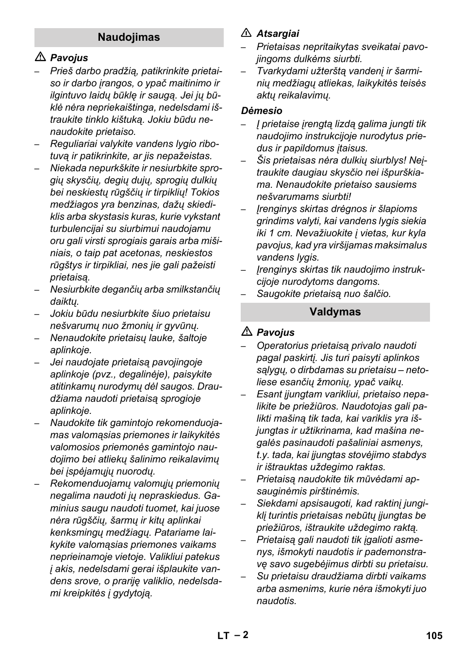 Naudojimas, Valdymas | Karcher Brush cleaning devices and spray extraction devices User Manual | Page 105 / 116