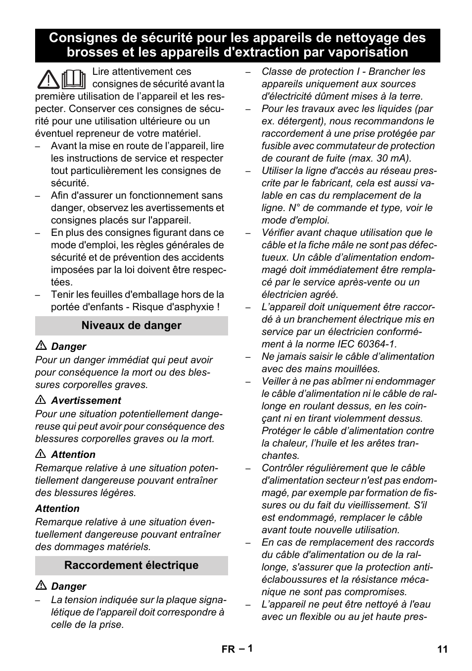 Français, Niveaux de danger, Raccordement électrique | Karcher Brush cleaning devices and spray extraction devices User Manual | Page 11 / 116
