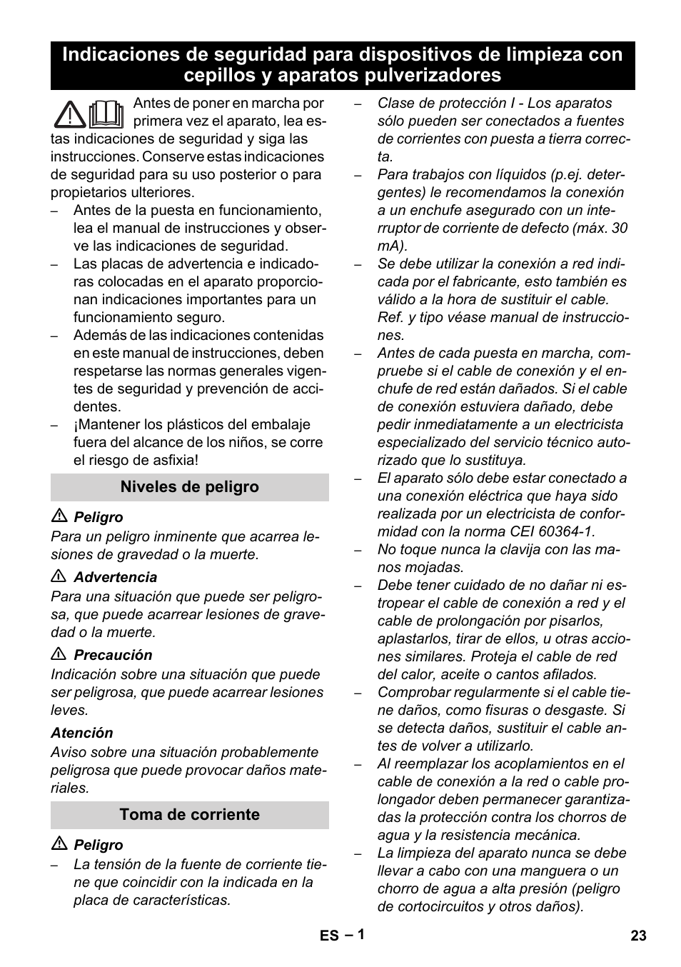 Español, Niveles de peligro, Toma de corriente | Karcher Brush cleaning devices and spray extraction devices User Manual | Page 23 / 116