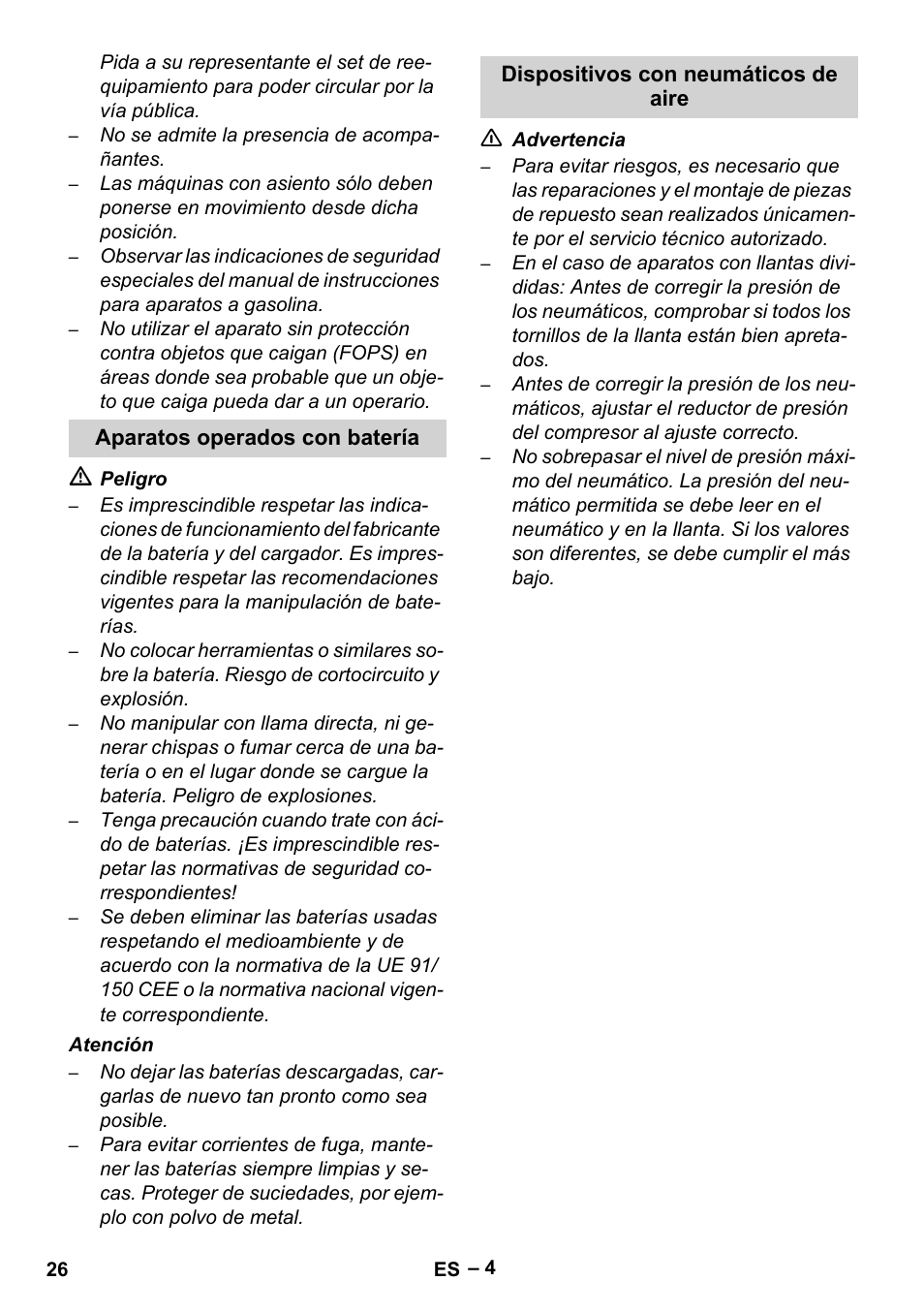 Aparatos operados con batería, Dispositivos con neumáticos de aire | Karcher Brush cleaning devices and spray extraction devices User Manual | Page 26 / 116