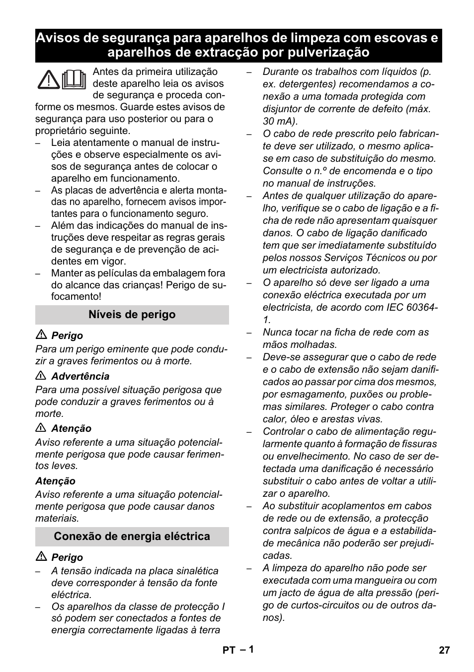 Português, Níveis de perigo, Conexão de energia eléctrica | Karcher Brush cleaning devices and spray extraction devices User Manual | Page 27 / 116