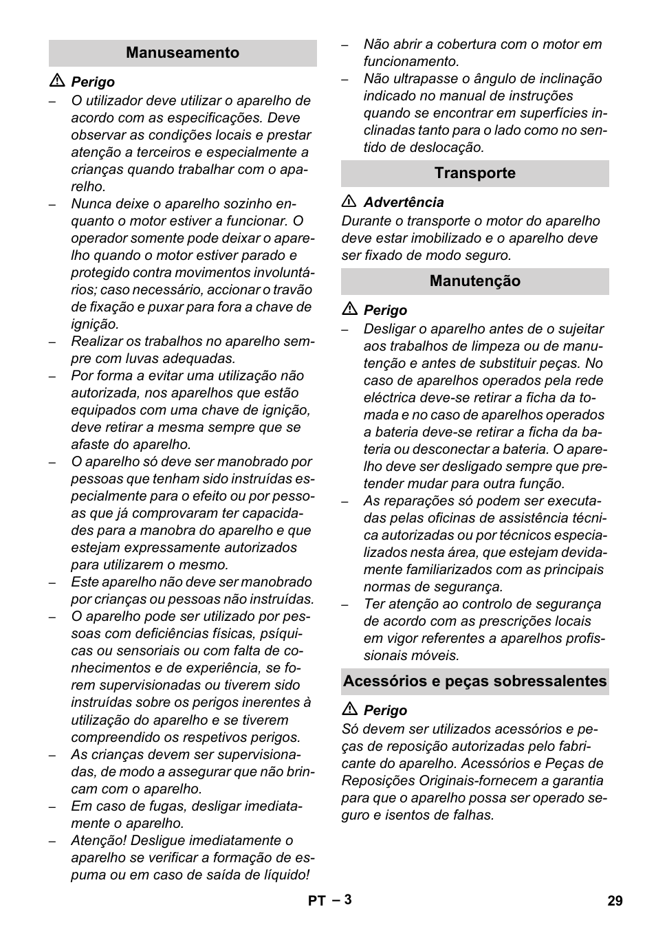 Manuseamento, Transporte, Manutenção | Acessórios e peças sobressalentes | Karcher Brush cleaning devices and spray extraction devices User Manual | Page 29 / 116