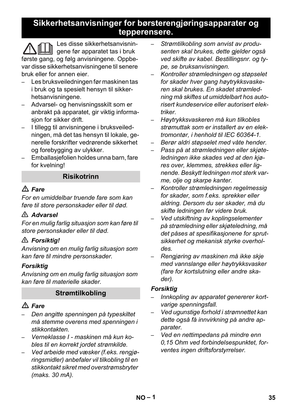 Norsk, Risikotrinn, Strømtilkobling | Karcher Brush cleaning devices and spray extraction devices User Manual | Page 35 / 116