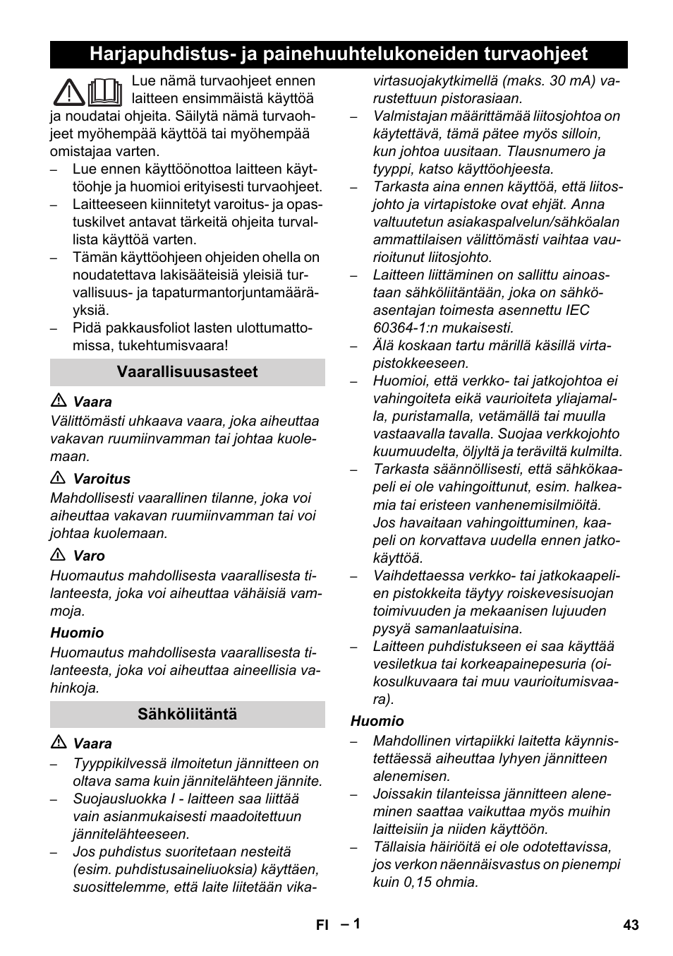 Suomi, Vaarallisuusasteet, Sähköliitäntä | Karcher Brush cleaning devices and spray extraction devices User Manual | Page 43 / 116