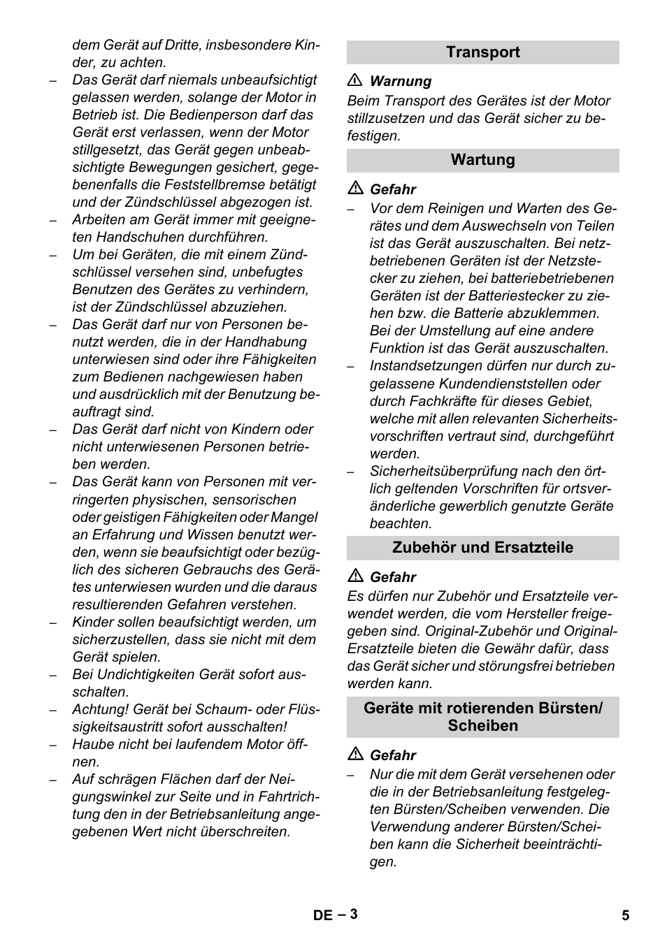 Transport, Wartung, Zubehör und ersatzteile | Geräte mit rotierenden bürsten/ scheiben | Karcher Brush cleaning devices and spray extraction devices User Manual | Page 5 / 116