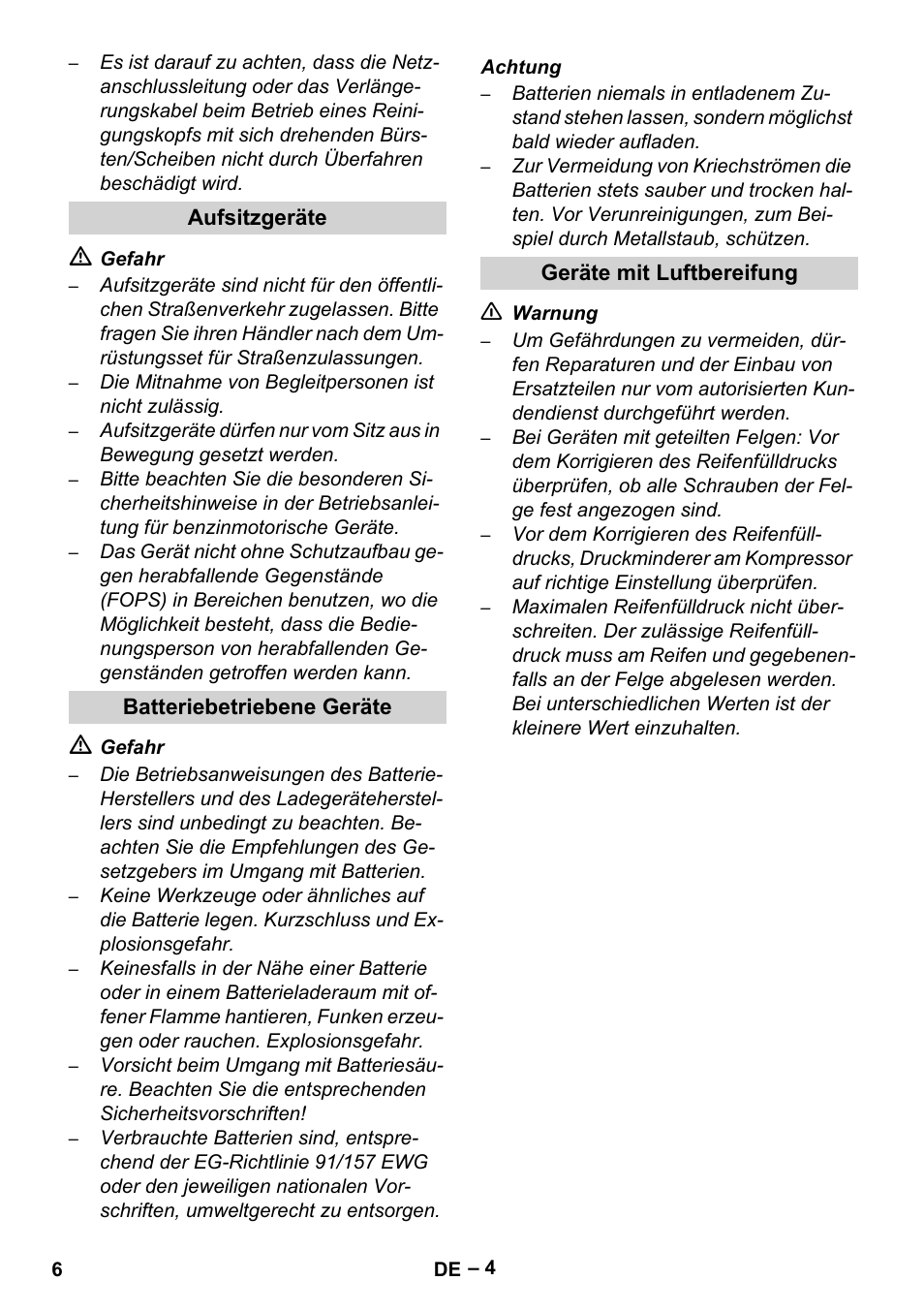 Aufsitzgeräte, Batteriebetriebene geräte, Geräte mit luftbereifung | Karcher Brush cleaning devices and spray extraction devices User Manual | Page 6 / 116